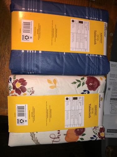 Celebrate Harvest PEVA Rectangle Tablecloth X2 Blue Check + Fall Theme 60"x84" - Picture 5 of 9