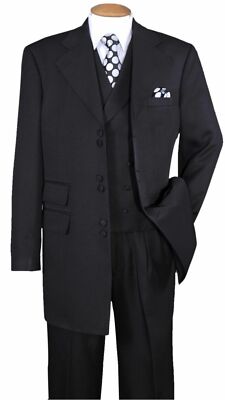 New Men's High Fashion Zoot Suit With Vest Two Side Vents 35'' Length Black