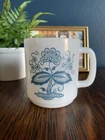 Vintage Glassbake Blue Onion Floral Milk Glass Stackable Mug Cup 3.5"