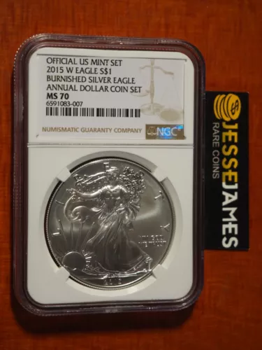 2015 W BURNISHED SILVER EAGLE NGC MS70 FROM ANNUAL DOLLAR COIN SET BROWN LABEL