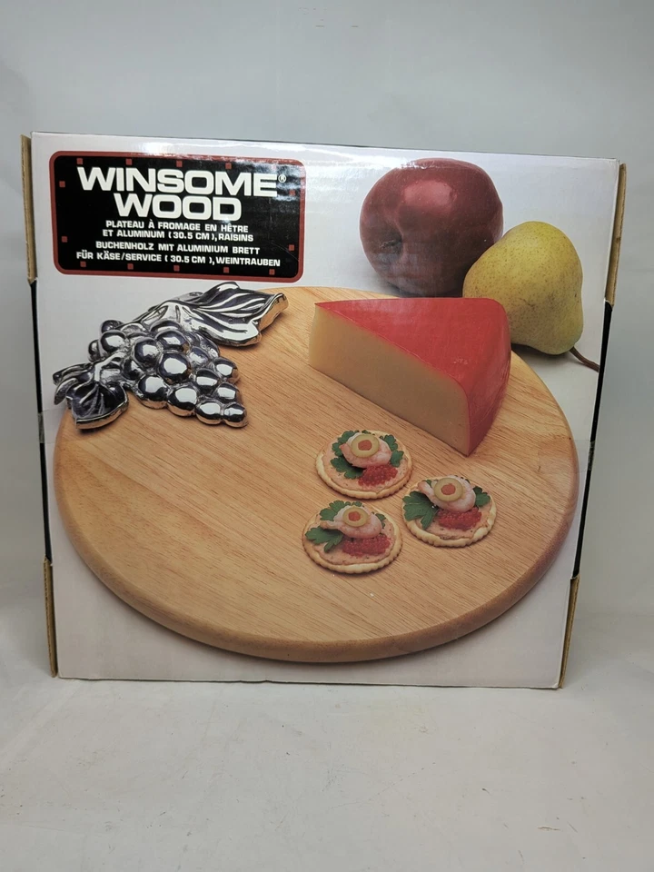 Charcutería MADERA ENCANTADORA 12” Tablero de Queso Redondo Peltre Uvas 1993 con Caja Nuevo Foto 4 de 4