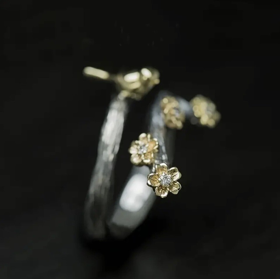 Museum Ring Bird Flower Silver Gold Entwined Twisted Tree Branch 14K