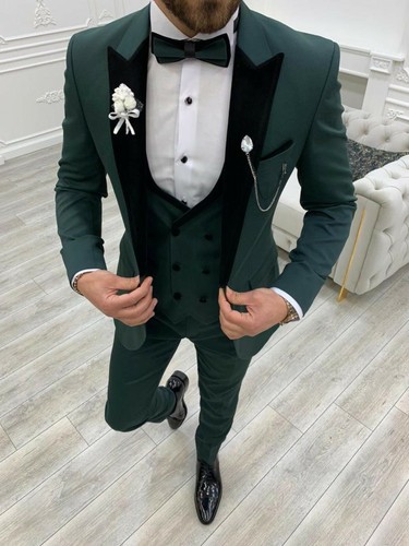 Men's Designer Tuxedo Velvet 3 Piece Slim Fit Suit For Groom and Wedding Wear - Picture 4 of 12