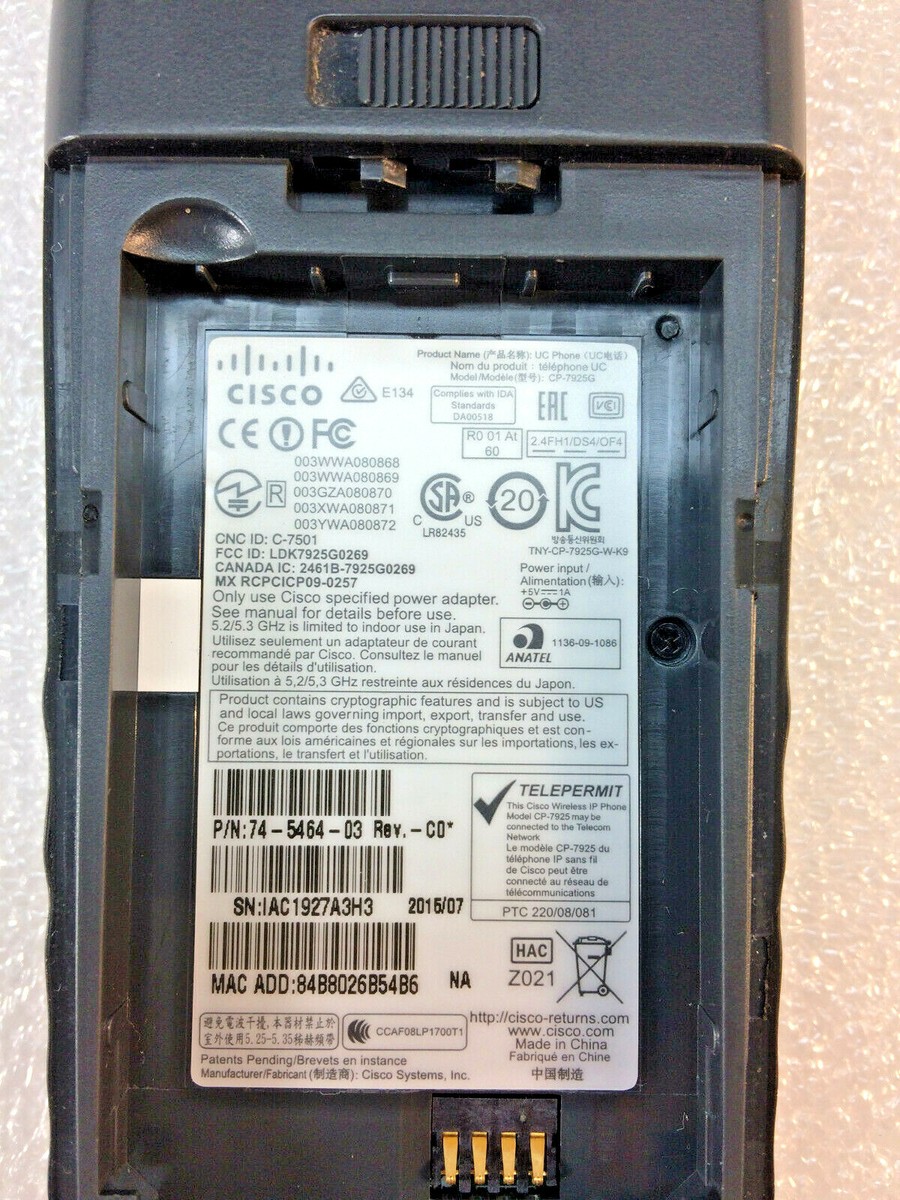 Cisco CP-7925G-W-K9 Unified Wireless IP Phone - No Battery Cisco CP-7925G-W-K9 Unified Wireless IP Phone - No Battery