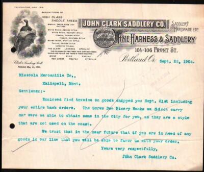 John Clark Saddlery Co - 1904 Portland Or - Harness - History Letter Head Bill