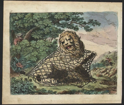 1802 Gravure aquarellée Lion pris au piège Chasse Ésope Francis Barlow - Photo 1/2