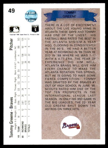 1990 Upper Deck #49 Tommy Greene Rookie - Picture 2 of 4