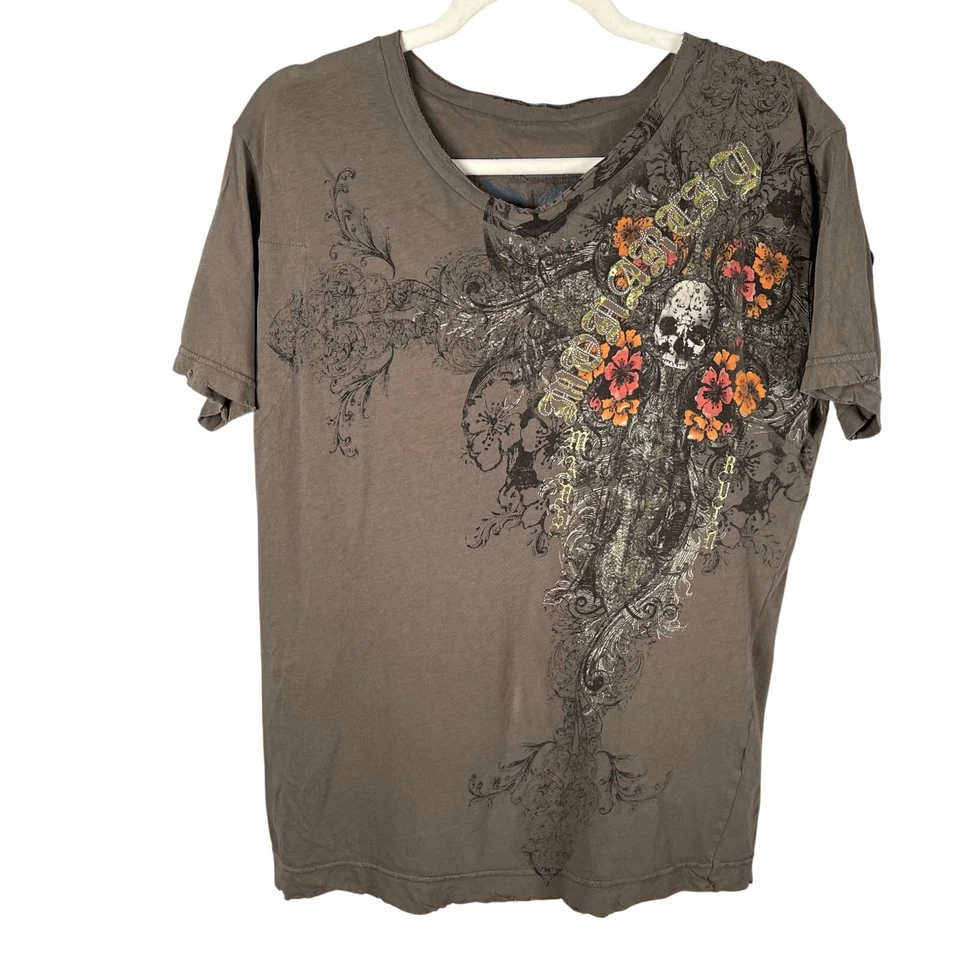 Монархия футболка средний череп цветочный металлический графический короткий рукав v-образным вырезом - Изображение 2 из 4