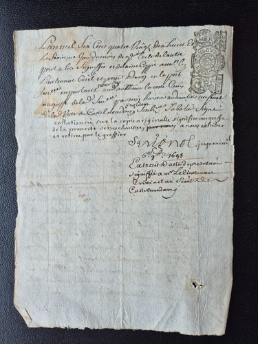 MANUSCRIT 1698 CASTELNAUDARY PAPIER TIMBRÉ TOULOUSE MARINE CANAL DU MIDI