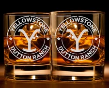 Etched Yellowstone Rocks Drinking Glasses Whiskey Gift Set Name