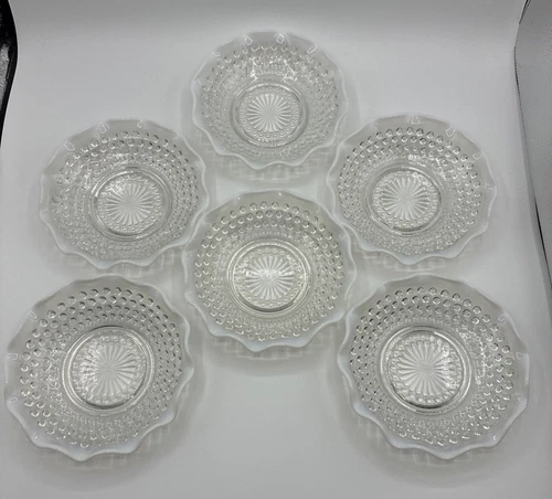 (6) Vintage Anchor Hocking Moonstone Opalescent Hobnail Crimped Bowls 6"