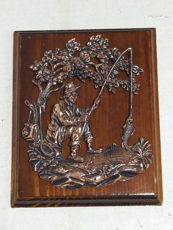Vintage Metal Fisherman 3D Sculpture Wooden Wall Plaque Copper Look