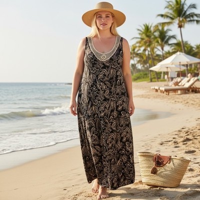 boho rayon dresses Kim Rogers Floral Crochet Lace Neck Tiered Maxi Dress Beachy Size 1X Long sleeves with gathered XMAS2024 Quiet Wonders Long Sleeve Size:15.5-35 Slim Fit