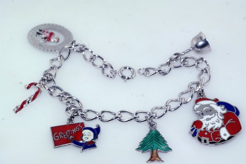 60's Vtg Christmas Charm Bracelet Sterling Silver Santa Elf Tree Angel Bell Cane