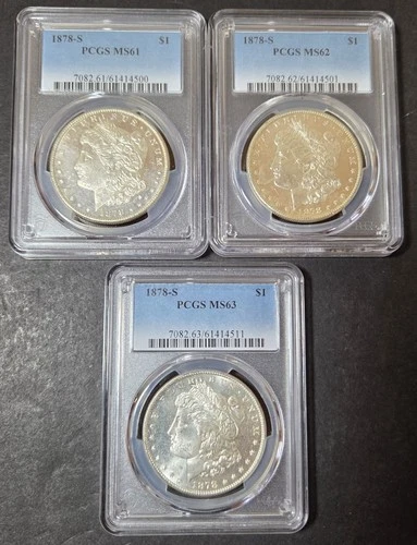 1878-S Morgan Dollars - 3 pieces PCGS MS61, 62, 63