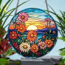 Daisy Flower Acrylic Window Hangings Sunrise Stained Wall Decor, Ideal Housew...