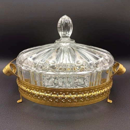 Vtg 1930s Anchor Hocking Old Cafe Candy Dish w/ Lid and Ornate Filigree Holder