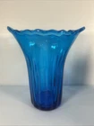 Blenko Glass Vase Turquoise Blue Ribbed Flare Vase #619. Wayne D Husted 1961