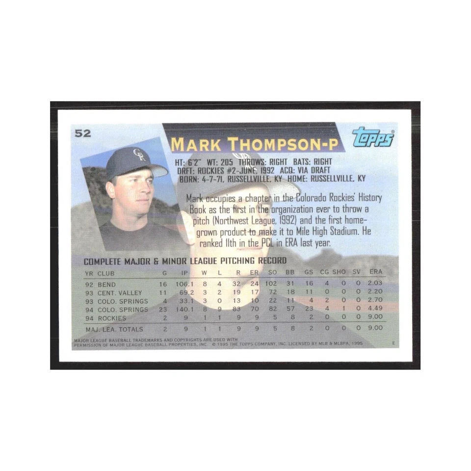 1995 Topps Mark Thompson Rockies #52 - Image 2 of 3