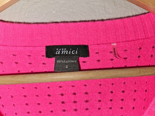 Pure Amici 100% Kaschmir perforierter V-Ausschnitt Pullover Gr. 2 Medium Neon Hot Pink - Bild 3 von 9