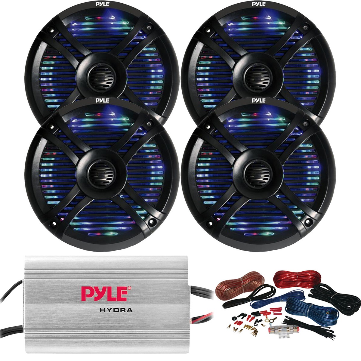 x Pyle PLMRX68LEB Speaker w/ MultiColor LED, 4-Channel Amplifier w/  Kit