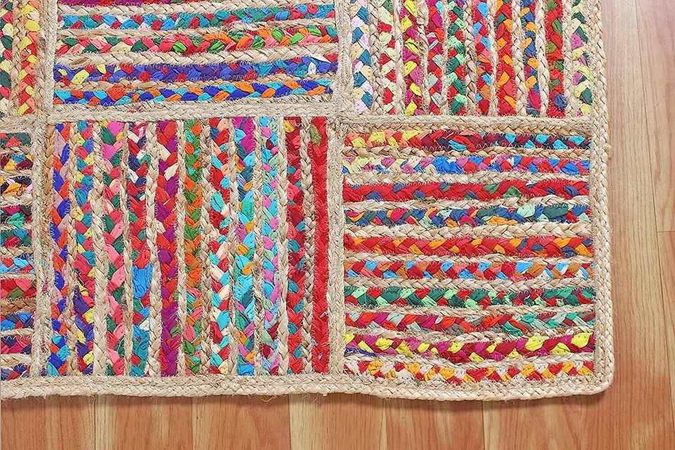 Tapete trançado de juta e chindi mistura tecido patchwork aparência tapete de área moderno nos EUA - Imagem 2 de 4