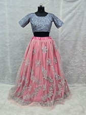 Indian Style Butterfly Net Pink Lehenga Choli With Grey Dupatta For Women Wear