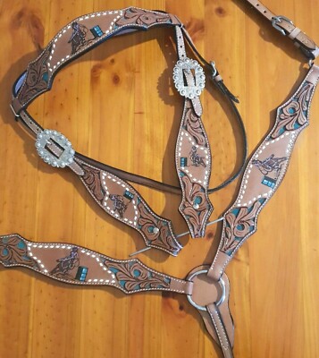 Western Barrel Horse Leather Tack Set Bridle + Breast Collar + Wither Strap