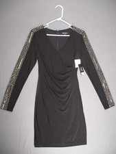 GUESS Los Angeles Matte Black Dress 6 (S) Long Sleeve Studs V-Neck Ruched Waist