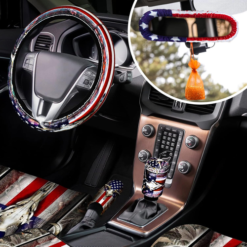 26 Pcs American Flag Wood Deer Car Accessories USA Camo Seat Covers Set Steering - Picture 5 of 12