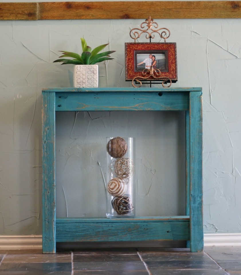 Turquoise Reclaimed Wood Console Table 30” Rustic Entry Accent Shelf ...