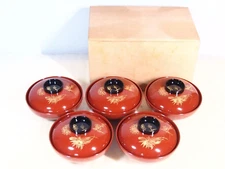 Japanese antique lacquer soup bowls – red urushi, bamboo plum chrysanthemum