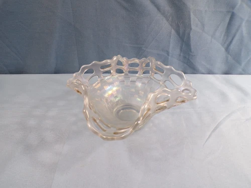 Vintage Fenton White Carnival Glass Open Edge Basketweave Bowl Candy Dish