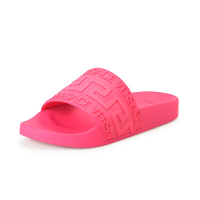 Versace Women's Fuxia Pink ''Greca'' Print Embossed Pool Slide Flip Flops Shoes