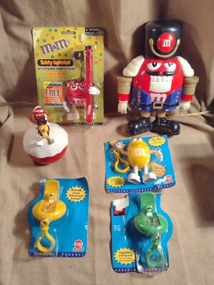 M&M  Lot: Figurine W/Light, RoundBall W/Sled & 3 Clip-On+1 Nutcracker Dispensers