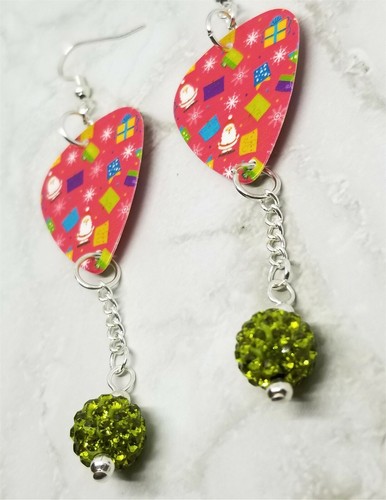 Christmas Guitar Pick Earrings with Green Pave Bead Dangles - Picture 3 of 4