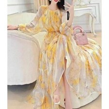 Chiffon Floral Printed Dress Women Holiday Crew Neck Lantern Sleeve Long Dress
