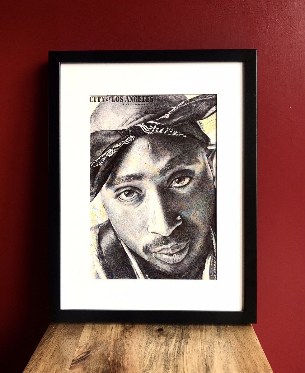 絵画 2pac 2Pac Tupac Portrait Drawing Over Map Of Los Angeles.A4 Print