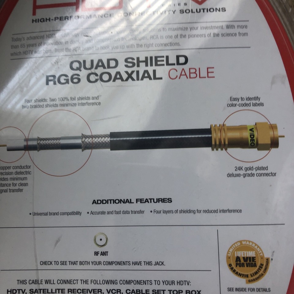 RCA High performance HDTV quad shield RG6 coaxial cable 12’ new In Box