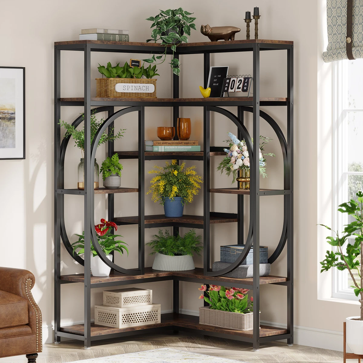 Vintage L Shaped Corner Bookcase Etagere Bookshelf Open Storage