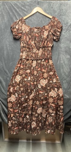 Trixxi Floral Milkmaid Smocked Tiered Peasant Midi Dress Sz XL Brown Cottagecore