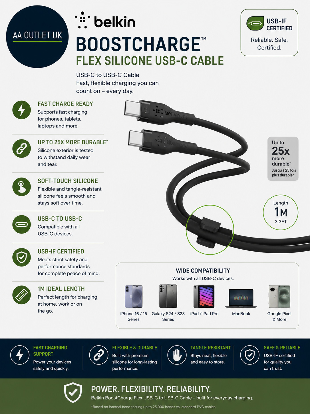 Belkin BoostCharge Flex Silicone USB C Charger Cable USB Type C Black