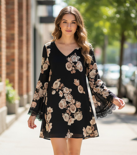 ASTR Dress XS Black Beige Floral Lace Bell Sleeve Mini Boho Whimsigoth Moody