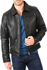 Men's Black Leather Jacket Cafe Racer Biker Motocycle Genuine Sheep skin Leather