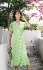 MNG Green White Geometric Crepe Puff Sleeve Wrap Button Dress Sz M