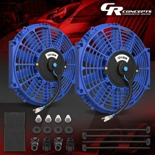 2 X UNIVERSAL SLIM 10" PULL/PUSH ELECTRIC RADIATOR COOLING FAN+MOUNTING KIT BLUE