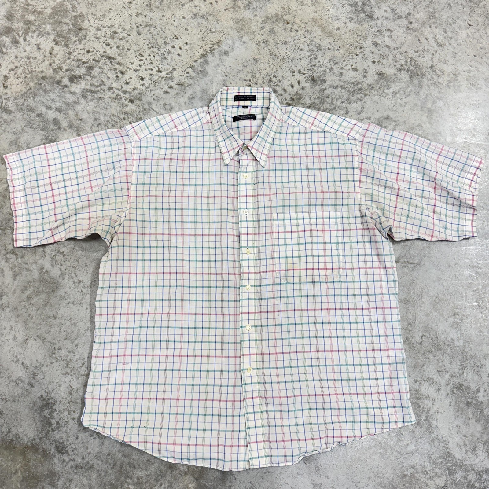 Vintage Christian Dior Monsieur Shirt Mens XL Plaid Short Sleeve Button Front