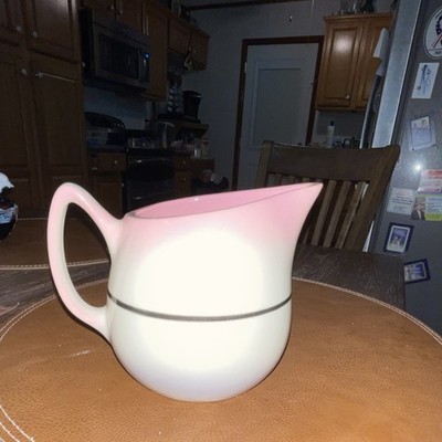 Hull Pink White Ceramic Pitcher MPN 66 Round Shape Handle Solid Pattern
