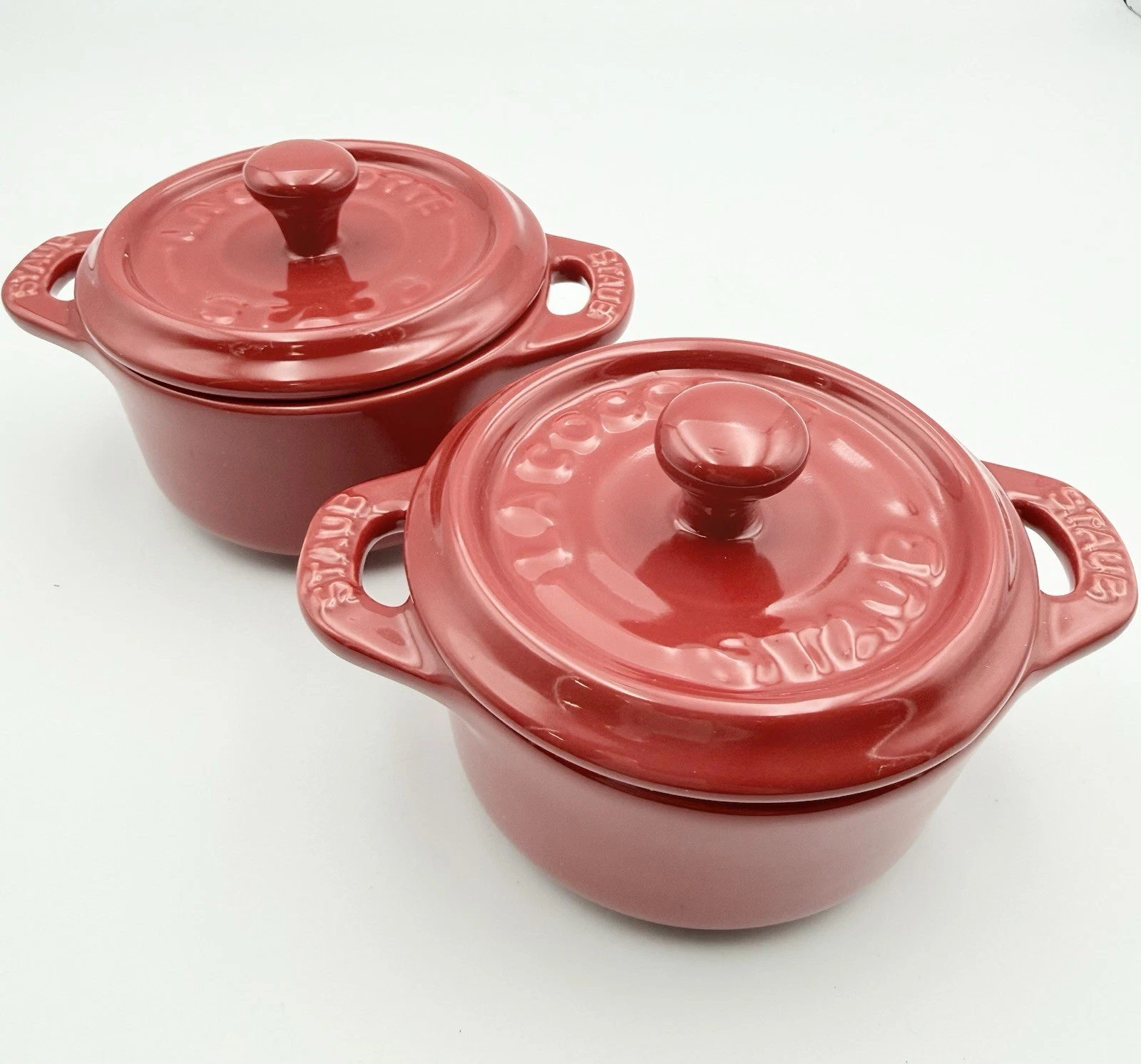 Set of 2 STAUB Mini La Cocotte Cherry Red 4 oz. Ceramic Dutch Oven France
