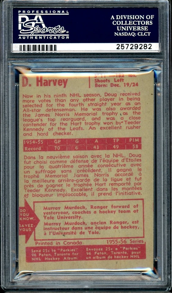 1955-56 PARKHURST Hockey NHL #45 Doug Harvey HOF PSA 5 EX Montreal Canadiens - Image 2 of 2